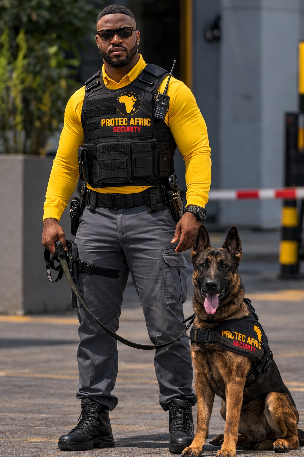 Agent de sécurité PROTEC AFRIC SECURITY avec chien de la brigade cynophile